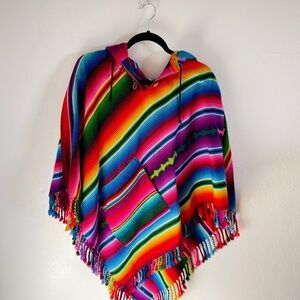 Guatemalan Colorful Rainbow Striped Poncho with Hood